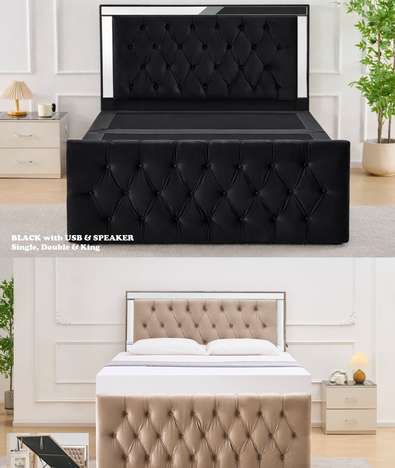 London Storage Bed with USB & Speaker in situ