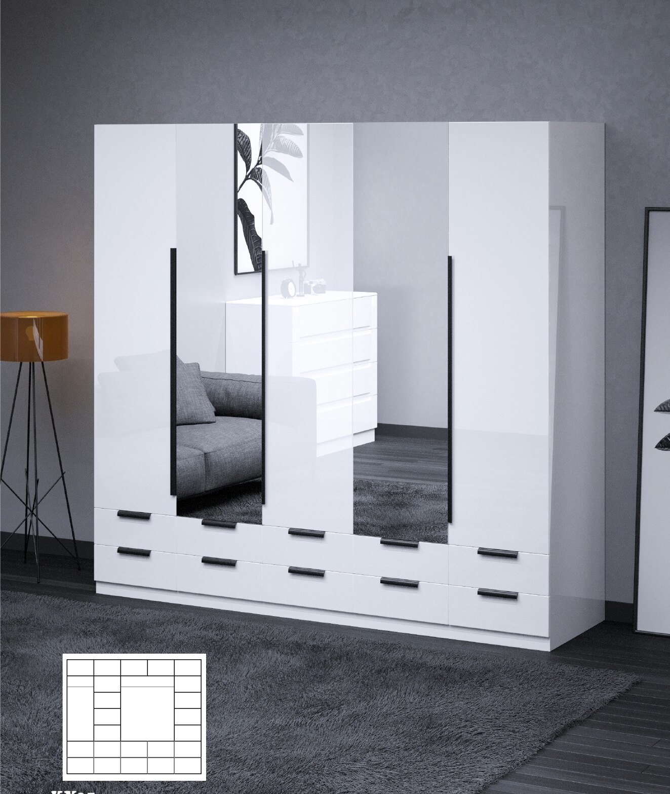 KY High Gloss Wardrobe with Drawers view 4