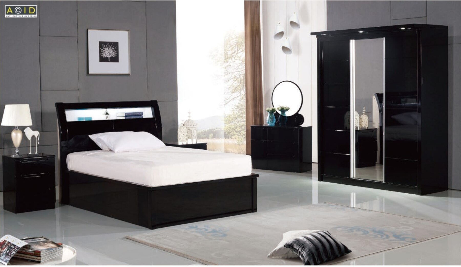 Rugby High Gloss LED Bedroom Set in situ
