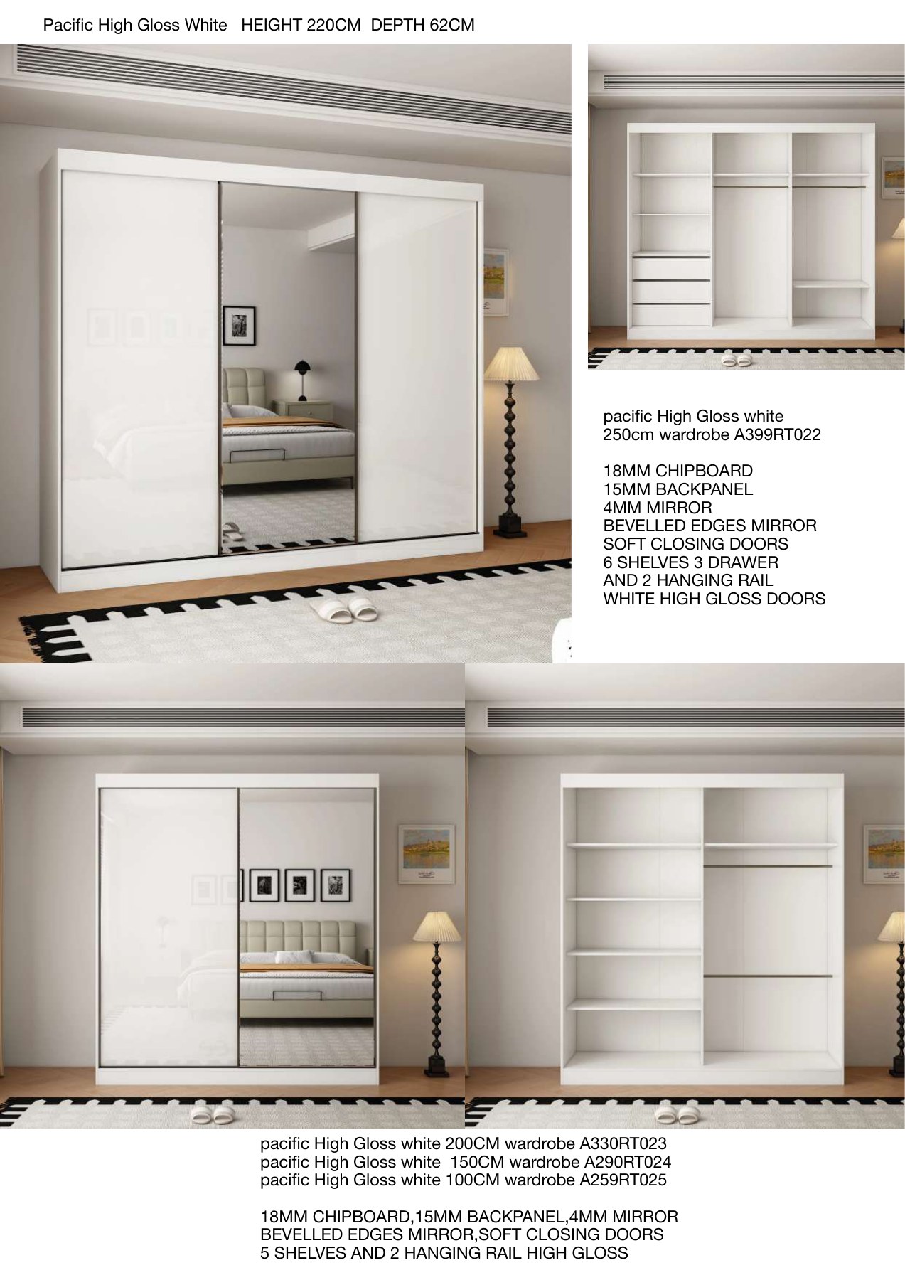 Pacific High Gloss Sliding Wardrobe