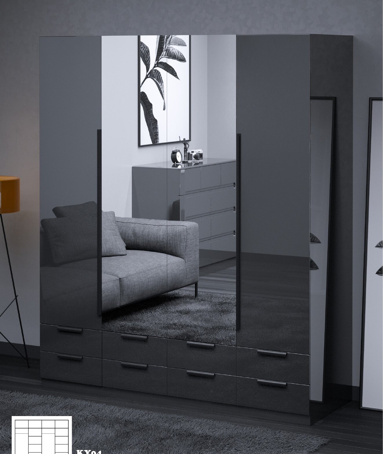 KY High Gloss Wardrobe with Drawers view 3