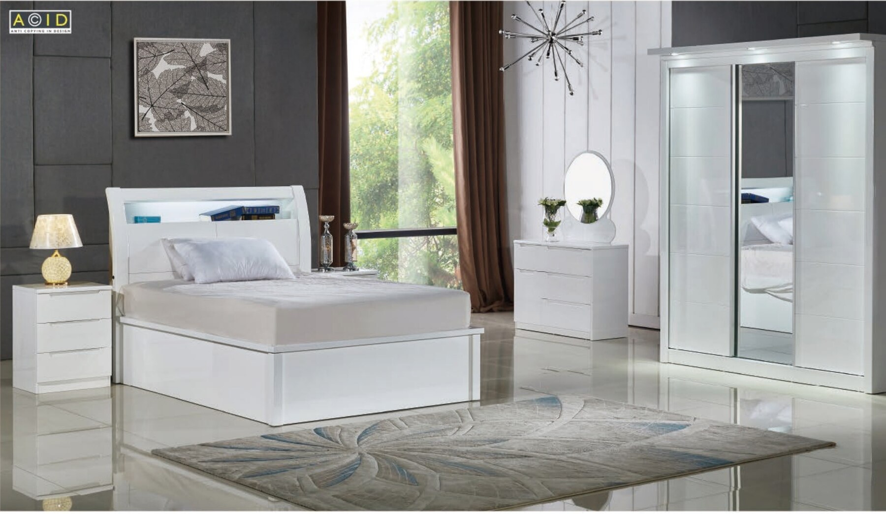 Rugby High Gloss LED Bedroom Set