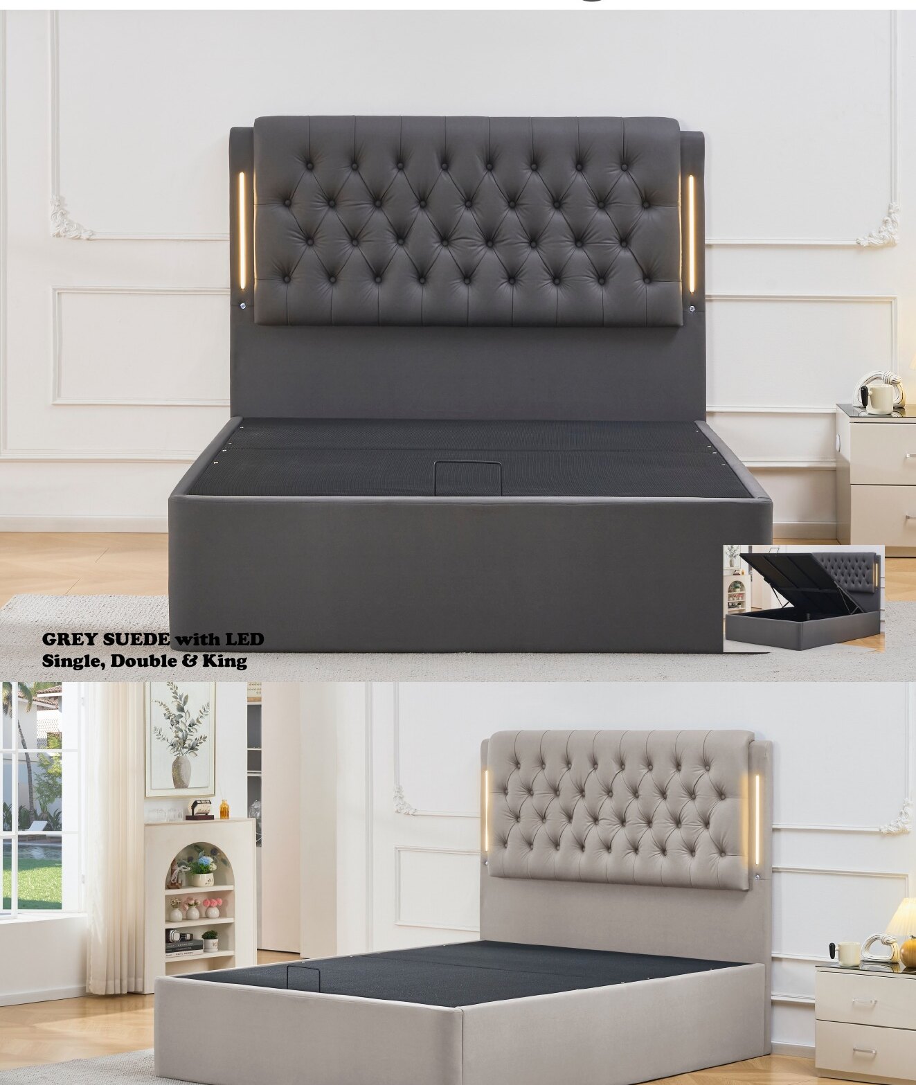Sydney Suede Storage Bed with LED