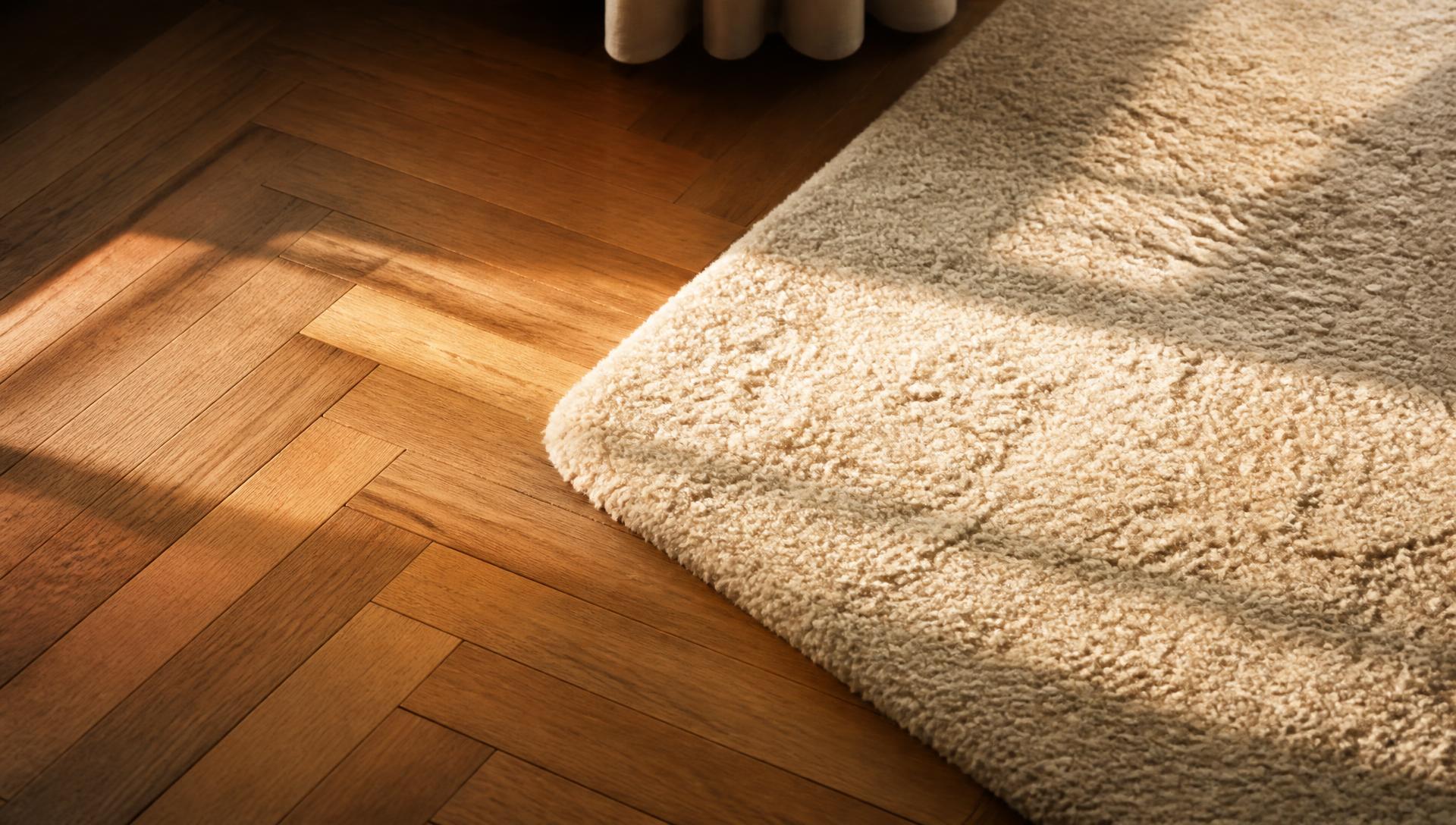 Herringbone parquet and deep wool carpet in a gilded interior